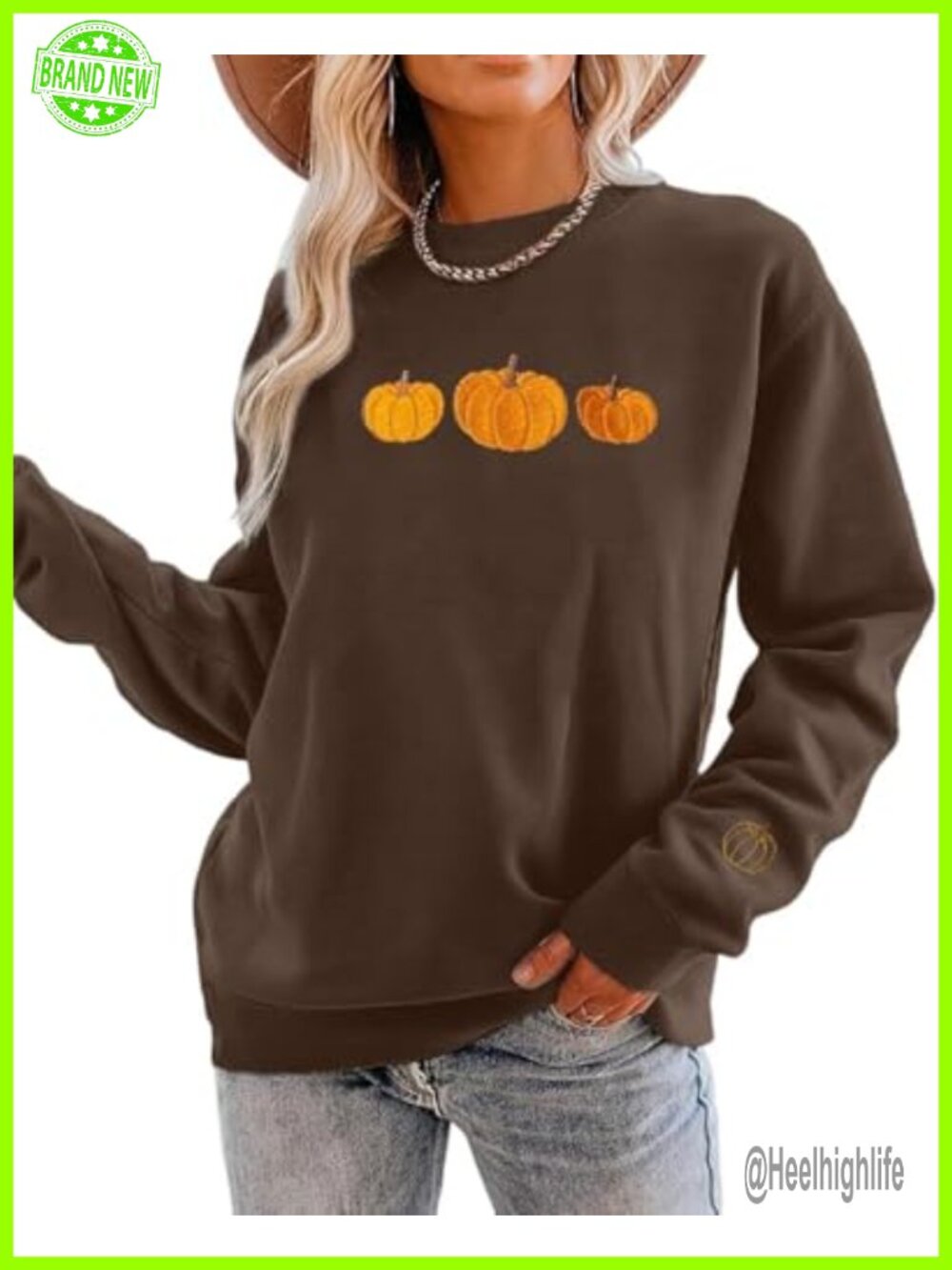 Pumpkin Embroidered Crewneck Sweatshirt Long Sleeve Pullover Women